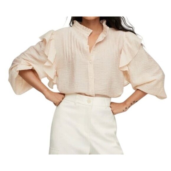 MNG Mango Lyocell Blouse Top Size Small Beige Ruffle Shoulder Long‎ Sleeve - Picture 1 of 10
